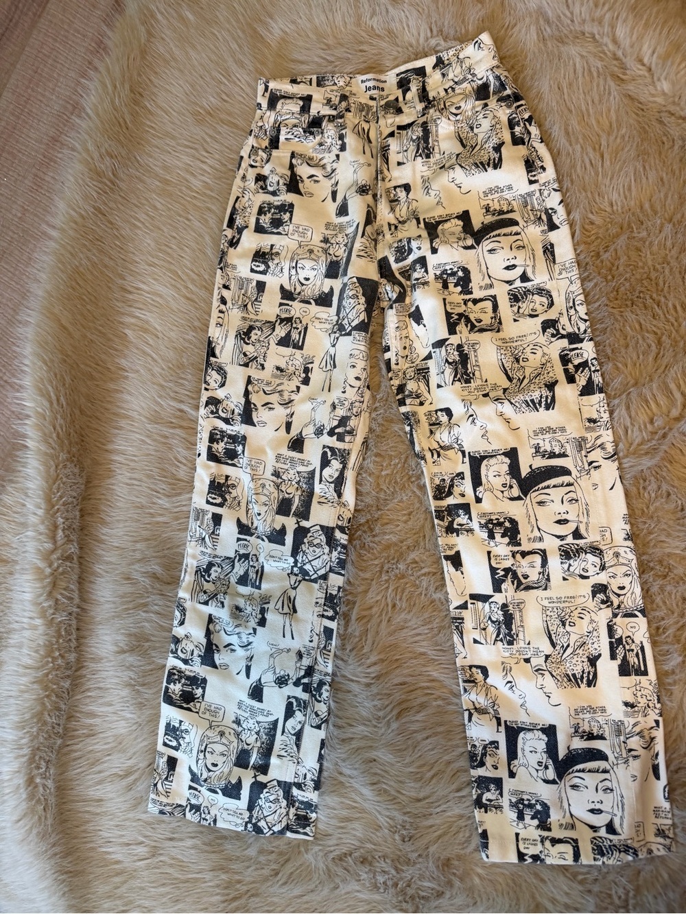 REFORMATION Rare Black & White Comic-Print Denim Pants, Size 23, LUX